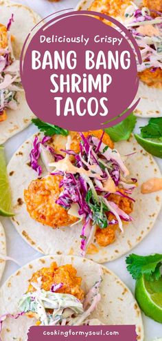 several fish tacos on tortillas with cole slaw and cilantro