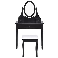 a black vanity table with a mirror and stool next to it on a white background