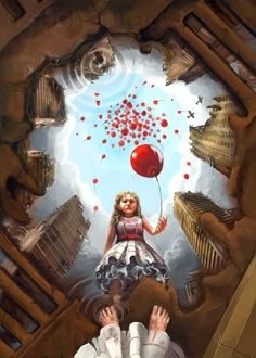 a painting of a girl holding a red balloon in her hand and looking up at the sky