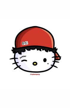 hello kitty with a red hat on it's head and the words hello kitty written in