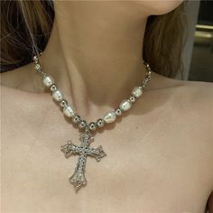 Pearl Type : Simulated-Pearl Metals Type : Copper Details: Necklace 42cm - Cross 3.8x4.8cm Style : Vintage, Luxury Goth Cross Necklace, Cruise Jewelry, Goth Cross, Y2k Cross, Grunge Necklace, Pearl Cross Necklace, Jewelry Goth, Grunge Accessories, Goth Necklace