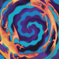 an abstract painting of two orange and blue fish in the center of a spiral design