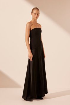 Strapless panelled maxi dress in black in a traditional suiting contrasted with a luxurious satin acetate. Flare Maxi Skirt, Guest Attire, Shona Joy, Wedding Attire Guest, Engineered Garments, Flared Skirt, Sweater And Shorts, Black Maxi Dress, Flare Skirt