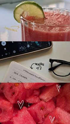 a close up of a cell phone near a watermelon drink and a pair of glasses