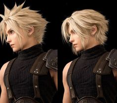 two images of a person with blonde hair and leather vests, one is looking to the side