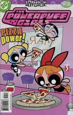 the powerpuff girls comic book cover with cartoon characters eating pizza and talking to each other