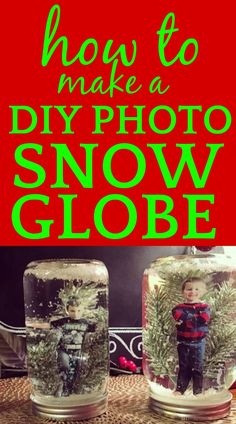 two snow globes with the words how to make a diy photo snow globe