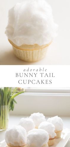 some cupcakes with white frosting on them and the words, adorable bunny tail cupcakes