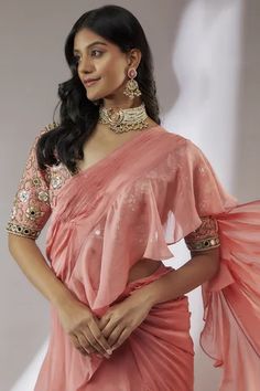 Shop for Neha Khullar Peach Organza Pre-draped Ruffle Saree With Embroidered Blouse for Women Online at Aza Fashions Organza Embroidery, Draped Saree, Ruffle Saree, Padded Blouse, Drape Saree, Embroidery Floral, Blouse For Women, Pattern Embroidery, Saree With Blouse