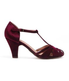 Chelsea Crew Burgundy Velvet T-Strap Sergi Heels - Unique Vintage - Womens, SHOES, HEELS Take Yourself On A Date, Heels Unique, Burgundy Heels, B Fashion, Burgundy Velvet, Fancy Shoes, Peep Toe Shoes, Velvet Lace, Heels & Wedges