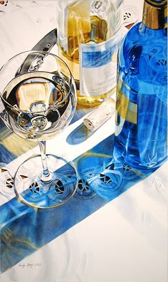 a painting of two wine glasses and bottles on a white tablecloth with blue stripes