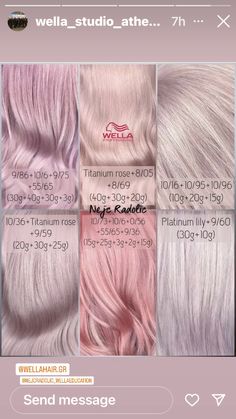 Pink Hair Wella Formula, Pink Toner For Blonde Hair Wella, Pink Toner For Hair, Pink Hair Toner Blondes, Icy Blonde Pink Hair, Pastel Pink Hair Formula, Strawberry Toner Hair, Blush Hair Color Blondes, Rose Platinum Hair