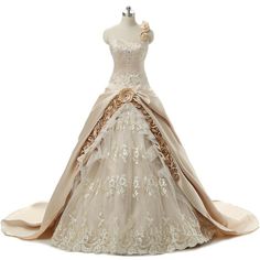 a wedding dress on display in front of a white background