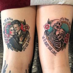 two people with tattoos on their legs, one has a skull and the other has a heart