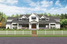 this is an artist's rendering of the front elevation of a house with white picket fence