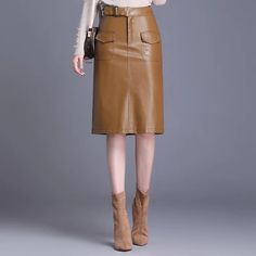 SPECIFICATIONS Leather Skirt Women 2022 New Spring Autumn Straight Skirts Solid Color Casual PU Leather Knee Length Skirts womens high quality Brand Name: None Material: Faux Leather Style: Casual Elasticity: Slight Strech Origin: Mainland China CN: Hubei Fabric Type: Leather Waistline: Natural Factors Pattern Type: Solid Fit Type: Regulai Fit Silhouette: STRAIGHT Dresses Length: Knee-Length Decoration: Pockets Place Of Origin: China (Mainland) is_customized: No Model Number: YY3585 Gender: WOME Non-stretch Brown Skirt With Pockets, Winter Skirt With Belt Loops, Brown Office Skirt With Pockets, Non-stretch Skirt For Fall Workwear, Brown Belted Skirt For Workwear, Brown Belted Skirt For Work, High Waist Mini Skirt For Office In Winter, Chic Non-stretch Brown Skirt, Winter Office Skirt With Pockets