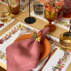 Our Harvest placemat combines acorns, winter berries and fall leaves in harvest colors in a fun & exciting graphic. The reserve side has a solid beige linen texture, so it can be used all year around. Set of 4 mats Size: Rectangle 13" x 18" Material: 100% Phthalate-free Vinyl Care: Wipe with a damp cloth Winter Berries, Solid Beige, Thanksgiving Tablescapes, Linen Texture, Fall Leaves, Different Shapes, Tablescapes, Autumn Leaves, Placemats