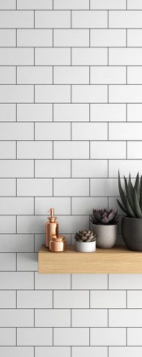 three succulents are sitting on a shelf in front of a white brick wall