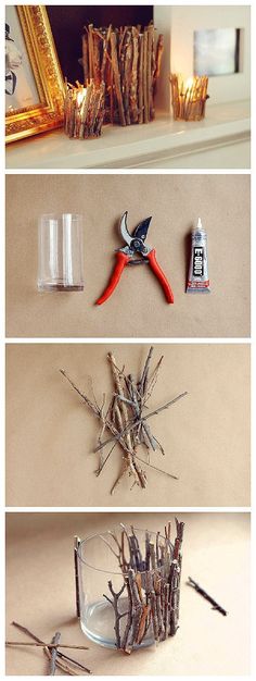 several different pictures of branches, candles and other items that are on top of each other