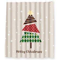 a merry christmas tree shower curtain with polka dot dots on the bottom and stars above it