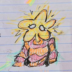 a drawing of a cartoon character on lined paper with colored pencils and crayons