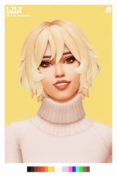 a drawing of a woman with blonde hair and brown eyes, wearing a white turtle neck sweater