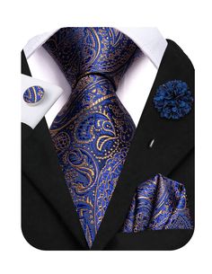 PRICES MAY VARY. 【Great Value】You Will Get: 1 Necktie+ 1 Matching Pocket Square +1 Lapel Flower Pin+1 Pair of Cuff links+ Gift Box 【Classic Size】Length: 59 Inches(150cm),Classic Tie Width:3.35 Inches(8.5cm), Handkerchief Size: 9.5 Inches*9.5 Inches(24cm*24cm). It's Not Only Suitable for Big and Tall Men, But Also Long Enough to Get a Full Windsor Knot. 【A Must Buy Mens Tie】We Use 1200 Stitches High Quality Woven Fabric, Which is Smooth, Not Too Thick But Durable. Unique Paisley Striped Floral Pa Elegant Sets With Ties As Gift, Luxury Blue Silk Suit And Tie Accessories, Luxury Blue Ties For Formal Occasions, Luxury Blue Ties For Business, Full Windsor Knot, Blue Paisley Print Business Ties, Luxury Blue Silk Ties, Navy Blue Tie, Blue Suit Men