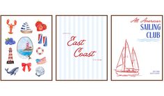 three greeting cards with sailboats, lighthouses and lobsters on the front side