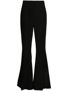 black flared high-waisted concealed front fastening belt loops pressed crease Elegant Fitted Flares For Workwear, Elegant Fitted Flares For Work, Fitted Flare Wide Leg Pants For Formal Occasions, Fitted Formal Wide Leg Flare Pants, Elegant Flare Dress Pants For Formal Occasions, Chic Black Flare Trousers, Chic Full Length Dress Pants With Belt Loops, Elegant Tailored Flare Bottoms, Fitted Formal Flares