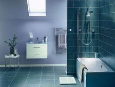 a bathroom with blue walls and tile flooring