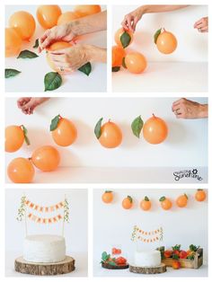 there are many pictures of oranges being cut and placed on the table for decoration