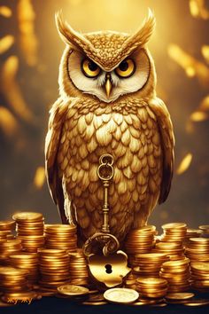 an owl sitting on top of a pile of gold coins with a key in its mouth