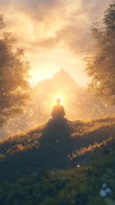 This breathtaking image captures a figure bathed in golden light, seated on a peaceful hilltop as the morning sun rises. The glowing scene evokes a sense of inner awakening and deep connection with nature. Perfect for those seeking serenity and spiritual inspiration through meditation. Let the beauty of this sunrise remind you of the light within and the power of mindfulness in finding inner peace. 🌞🧘‍♀️ Nature Spirit Art, Buddha Enlightenment, Sunrise Meditation, Inner Awakening, Meditation Inspiration, Meditation Spirituality, Morning Wallpaper, Nature Spirits, Sun Rises