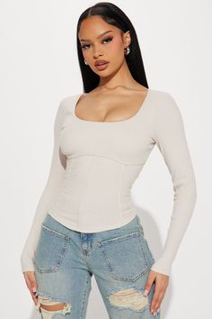 Available In Ivory. Corset Top Square Neck Long Sleeve Seaming Ribbed Stretch 95% cotton 5% Spandex Imported | On DND Ribbed Corset Top in Ivory size XL by Fashion Nova Fitted Neutral Casual Tops, Neutral Fitted Casual Tops, Fitted Long Sleeve Beige Top, Fitted Off White Cotton Top, Stretchy Off-white Top For Fall, Stretch Off White Top For Fall, Off White Stretch Top For Fall, Fitted Neutral Tops For Spring, Fitted Beige Cotton Top