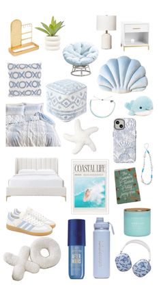 a collage of blue and white items including shoes, bedding, pillows, blankets