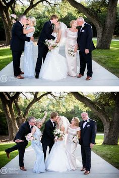 the bride and grooms are posing for pictures