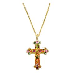 Stunning golden pendant rope necklace from Kenneth Jay Lane! The large statement cross is decorated with colorful crystals Necklace is 27.5 inches around. Marks: KJL Long Cross Necklace, Cross Accessories, Apple Watch Bands Fashion, Golden Pendant, Colorful Crystals, Crucifix Necklace, Crystals Necklace, Gold Cross Necklace, Jewelry Accessories Ideas