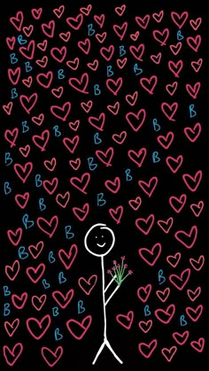 a drawing of a person holding a flower in front of many hearts on a black background