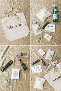 the contents of a personalized tote bag laid out on a bed