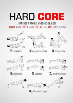 an exercise poster showing how to do the hard core workout for men and women, with instructions