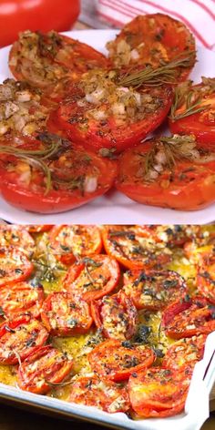 there are tomatoes on the plate and in the casserole dish, which is ready to be eaten