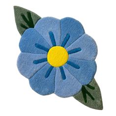 a blue flower with two green leaves on the top and one yellow in the middle