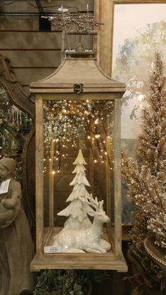 a lighted lantern with a christmas tree in it