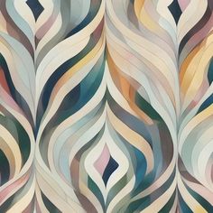 an abstract painting with wavy lines and curves in pastel colors on a white background