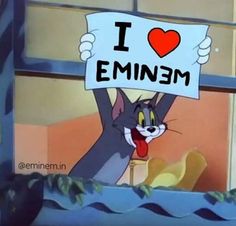 a cartoon character holding up a sign that says i love emim