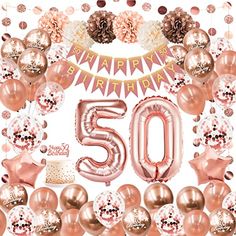 the 30th birthday balloons and decorations are arranged in front of a white backdrop with pink, gold