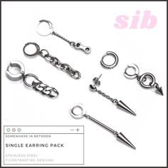 7 contrasting designs in stainless steel to style every outfit! Available now. #singleearring #spikeearing #chaineaerring #grungestyle #grungefashion Grunge Punk Aesthetic, Pearl Engagement Ring, Punk Aesthetic, Grunge Punk, Grunge Style