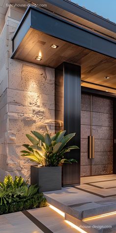 an entrance to a modern house with plants in the planter and steps leading up to it