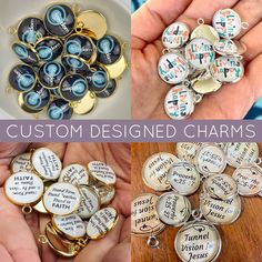 several different types of personalized charms in various styles and colors, with the words custom designed charms on them