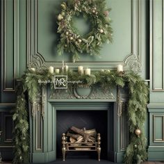 a fireplace decorated with greenery and candles